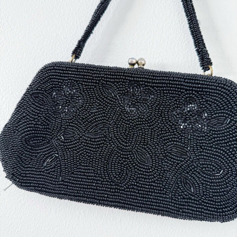 Vtg Black Beaded Evening Bag Purse Richere Bag by Walborg 1960s Made In Japan - Picture 3 of 16